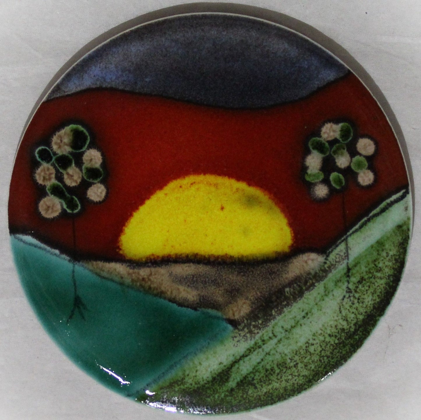 Ceramic hand painted coaster cork backed for protection - Studio Poole Sunrise design
