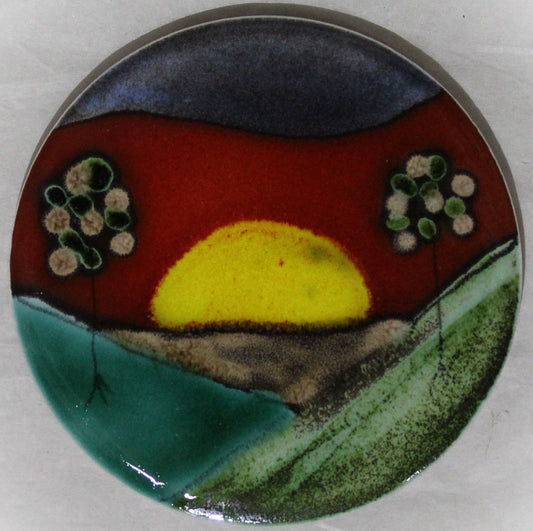 Ceramic hand painted coaster cork backed for protection - Studio Poole Sunrise design