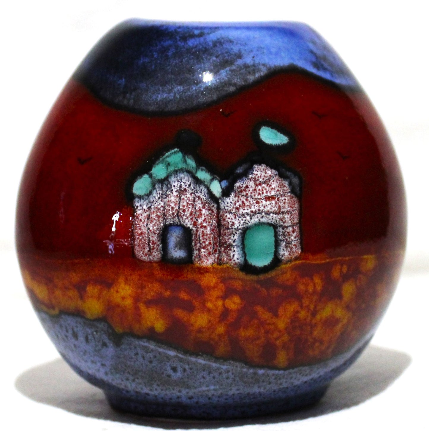 Hand-thrown, Mini Purse Vase - Red beach Huts design