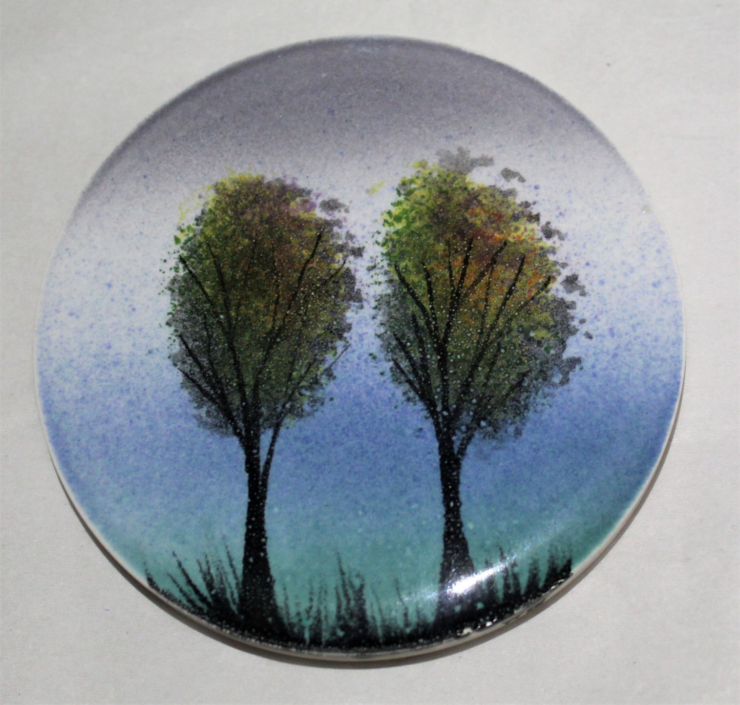 Ceramic hand painted coaster Cork backed for protection - Trees in the Mist design