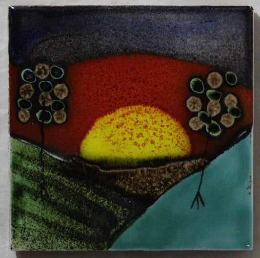 Ceramic hand painted coaster Cork backed for protection (square) - Studio Poole Sunrise design