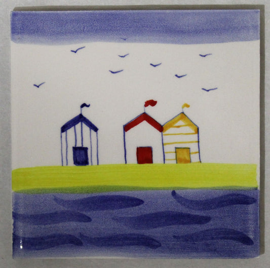 Ceramic hand painted coaster Cork backed for protection (square) - Studio Poole Beach Huts