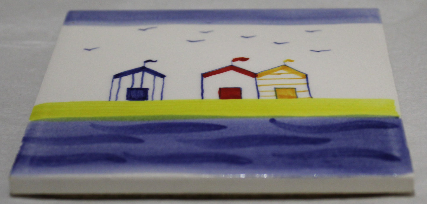 Ceramic hand painted coaster Cork backed for protection (square) - Studio Poole Beach Huts
