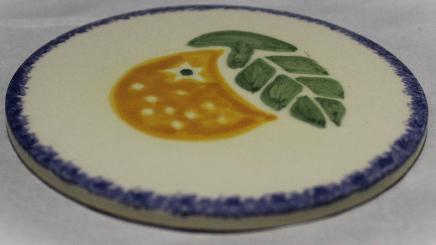Ceramic hand painted coaster cork backed for protection - Studio Poole Dorset Fruits design - Oranges