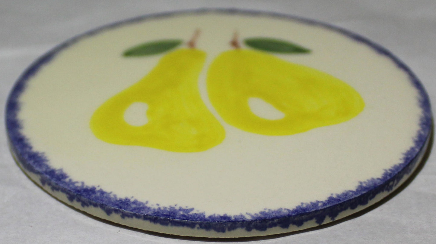 Ceramic hand painted coaster cork backed for protection - Studio Poole Dorset Fruits design - Pears