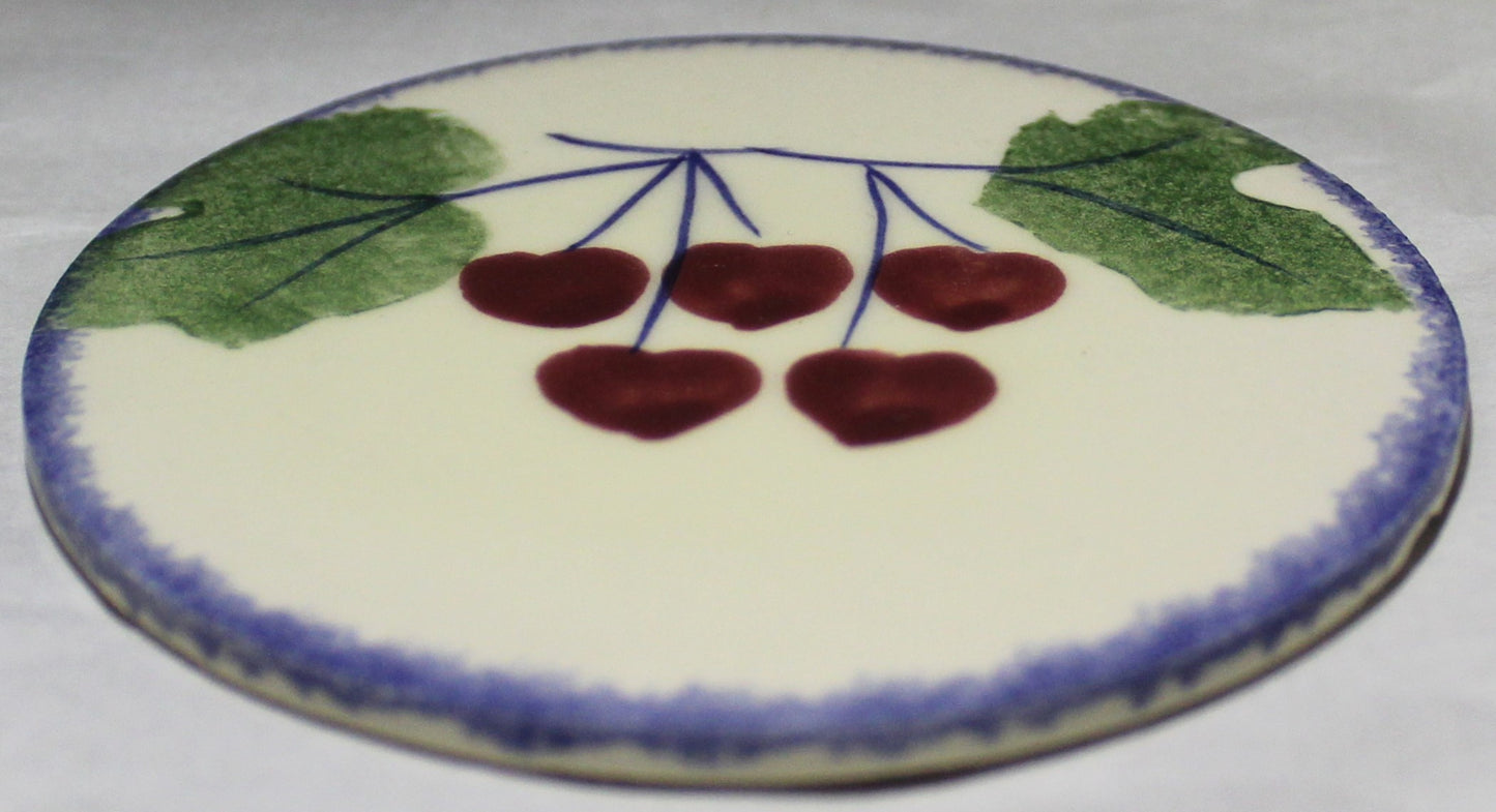 Ceramic hand painted coaster cork backed for protection - Studio Poole Dorset Fruits design - Cherries