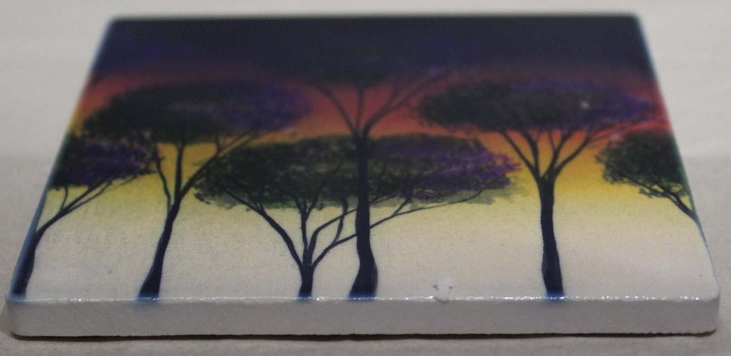 Sublimation Ceramic Coaster - Cork backed (square) - Sunset Trees design