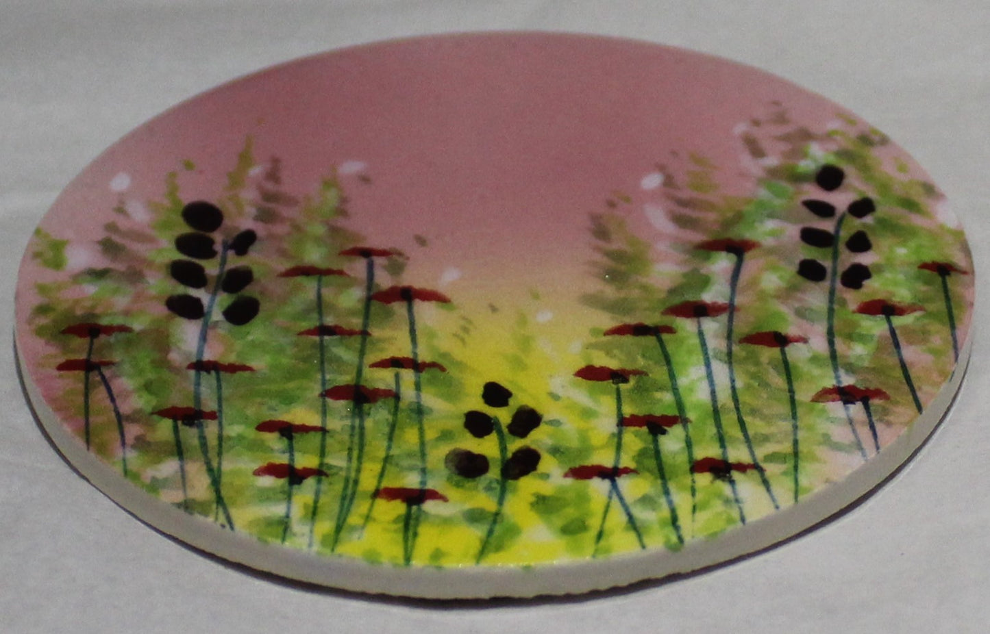 Ceramic hand painted coaster cork backed for protection - Studio Poole Meadow Field Pink