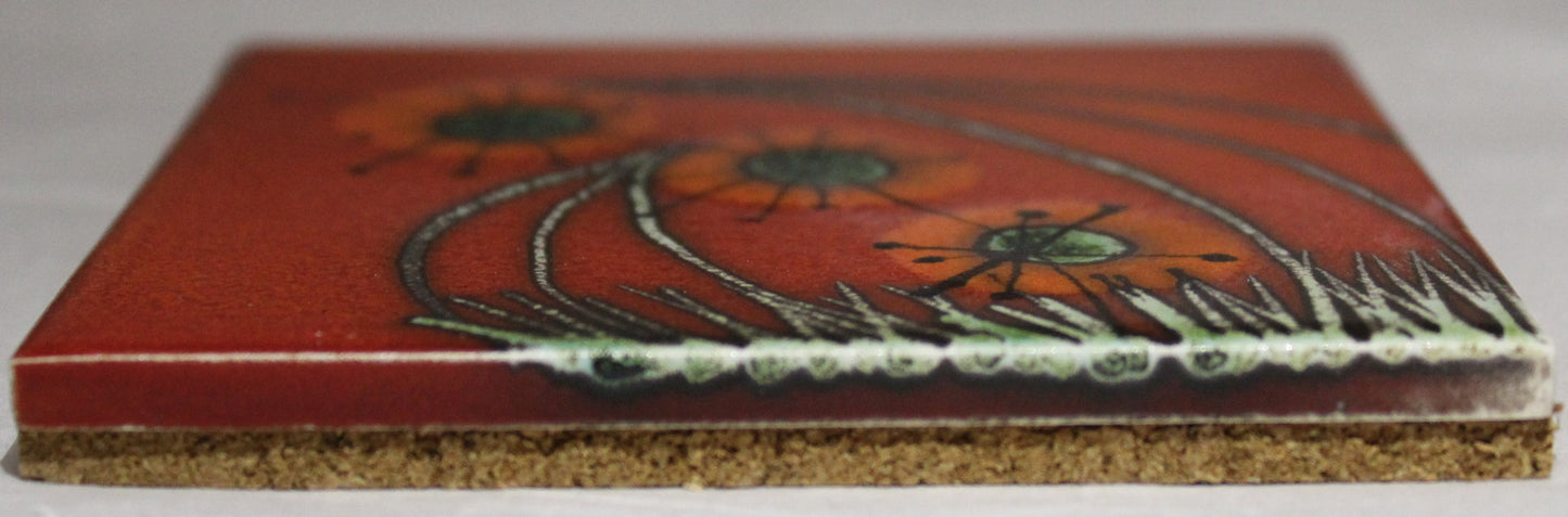 Ceramic hand painted coaster Cork backed for protection (square) - Studio Poole Meadow design