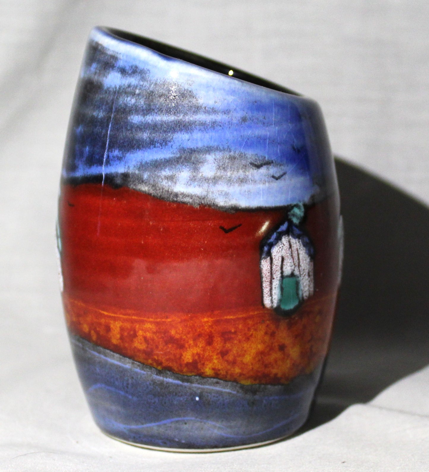 Hand-thrown, Mini asymmetrical Vase - Red beach Huts design
