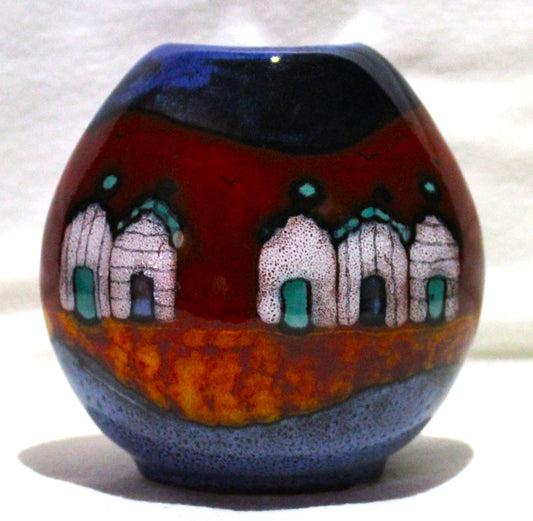 Hand-thrown, Mini Purse Vase - Red beach Huts design