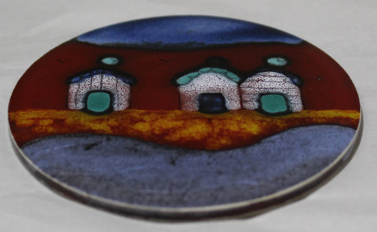 Ceramic hand painted coaster cork backed for protection - Red Beach Huts design
