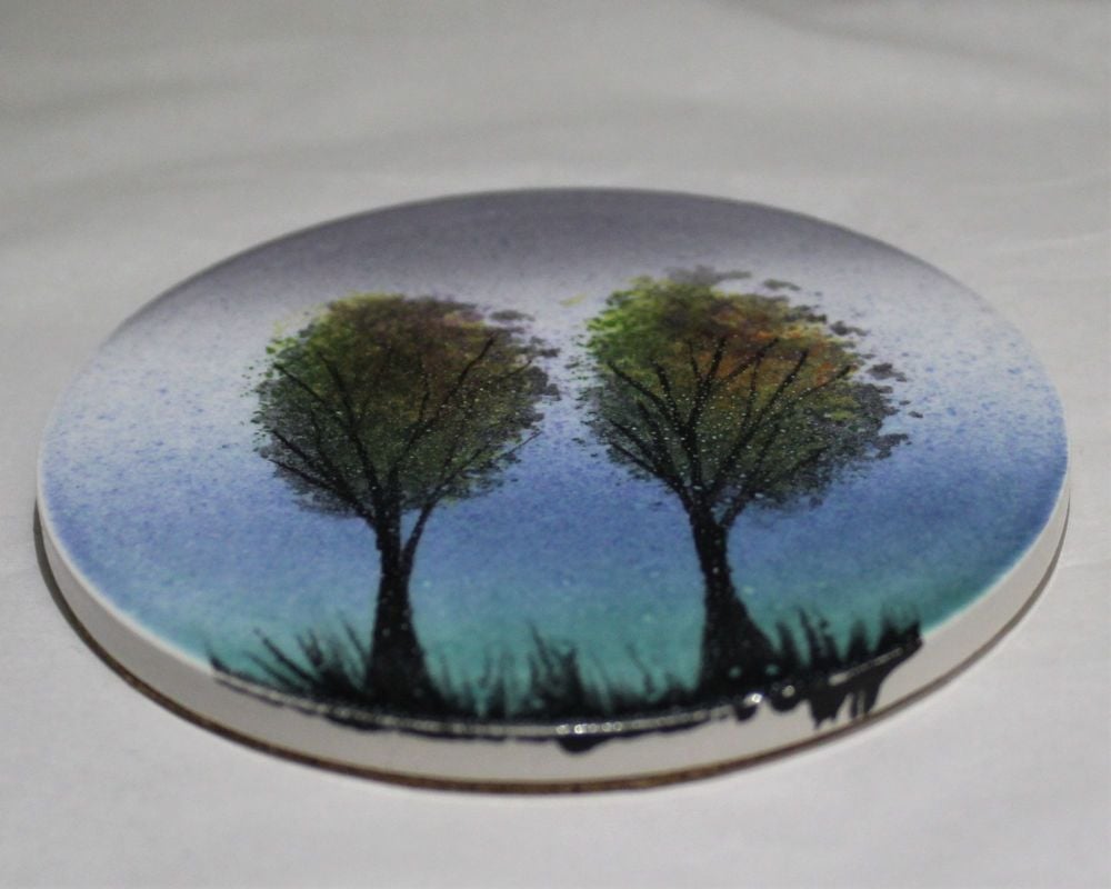Ceramic hand painted coaster Cork backed for protection - Trees in the Mist design