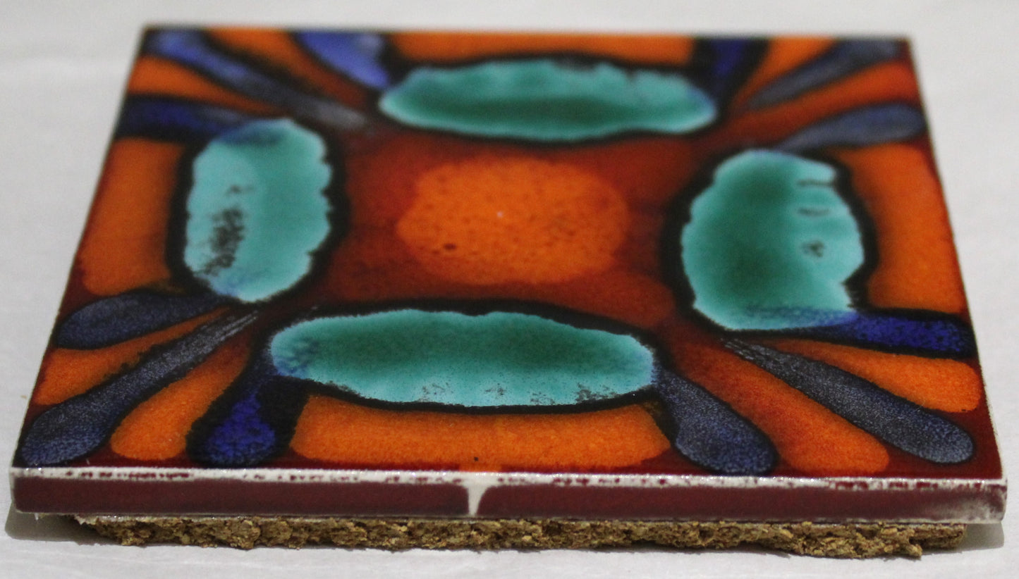 Ceramic hand painted coaster Cork backed for protection (square) - Studio Poole Volcano design