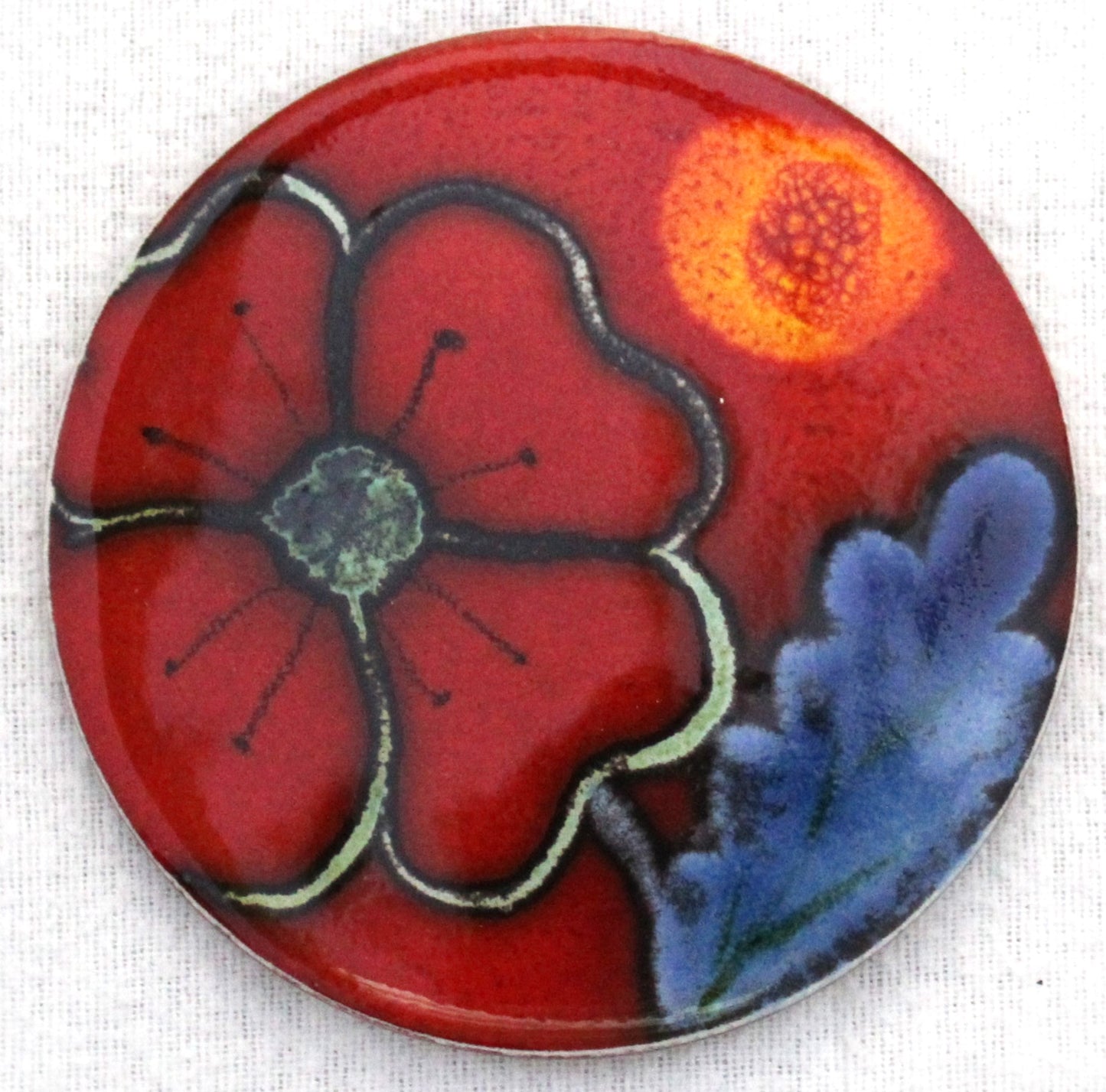 Ceramic hand painted coaster cork backed for protection - Studio Poole Poppyfield design