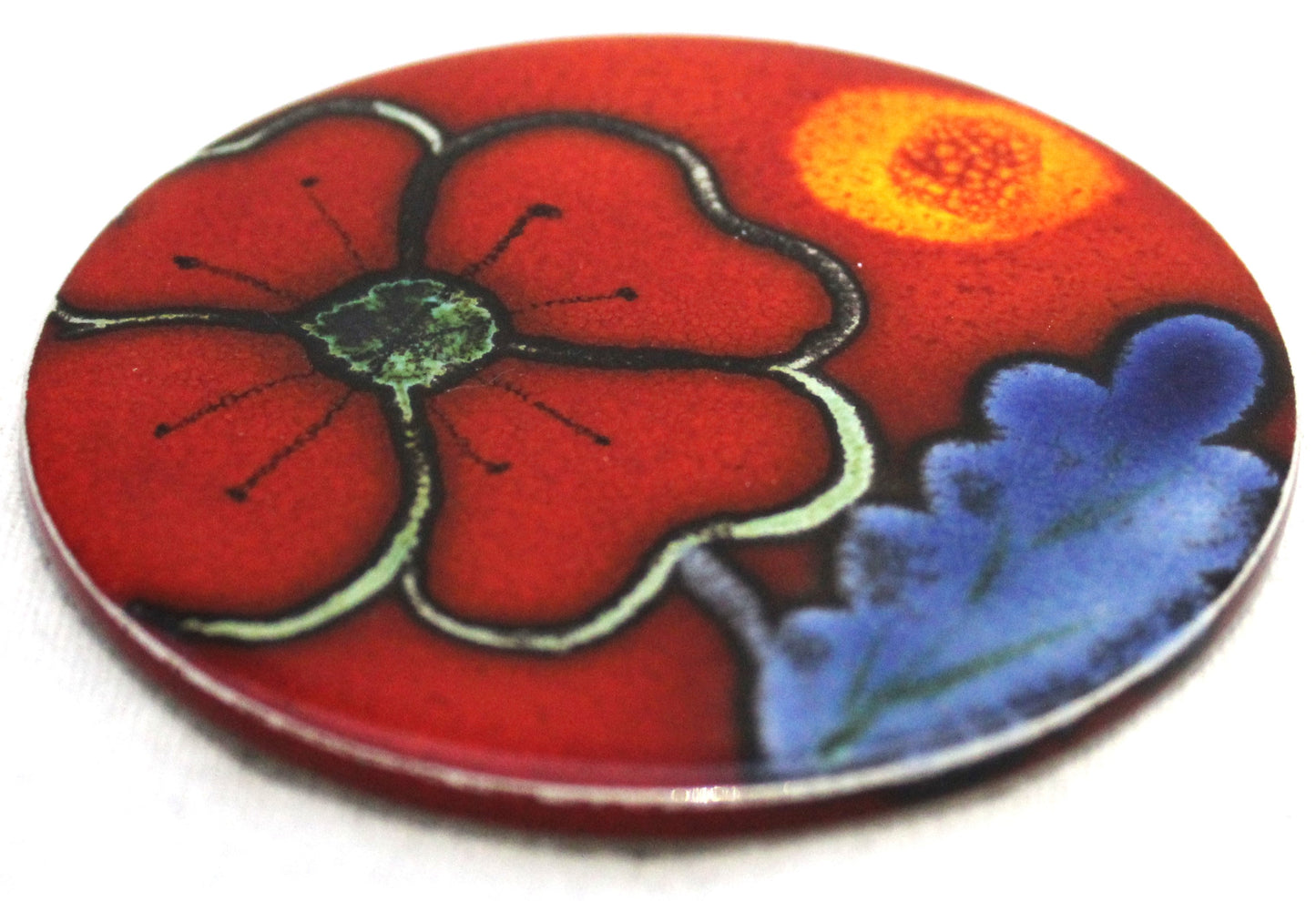 Ceramic hand painted coaster cork backed for protection - Studio Poole Poppyfield design